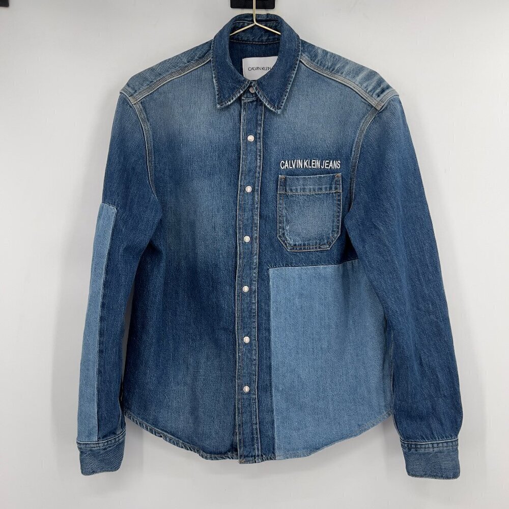 Calvin Klein Jeans Logo Patch Silver Snap Buttons Utility Shirt Women's S